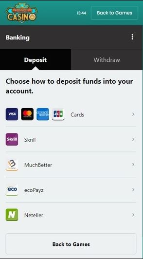 Choose deposit method from cards Skrill ecoPayz Neteller in app