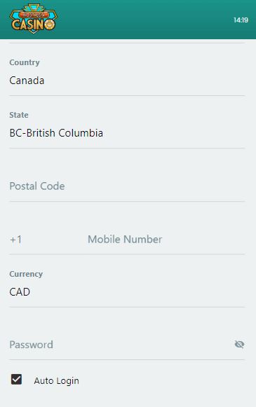 Fill registration details with Canadian province and currency in app